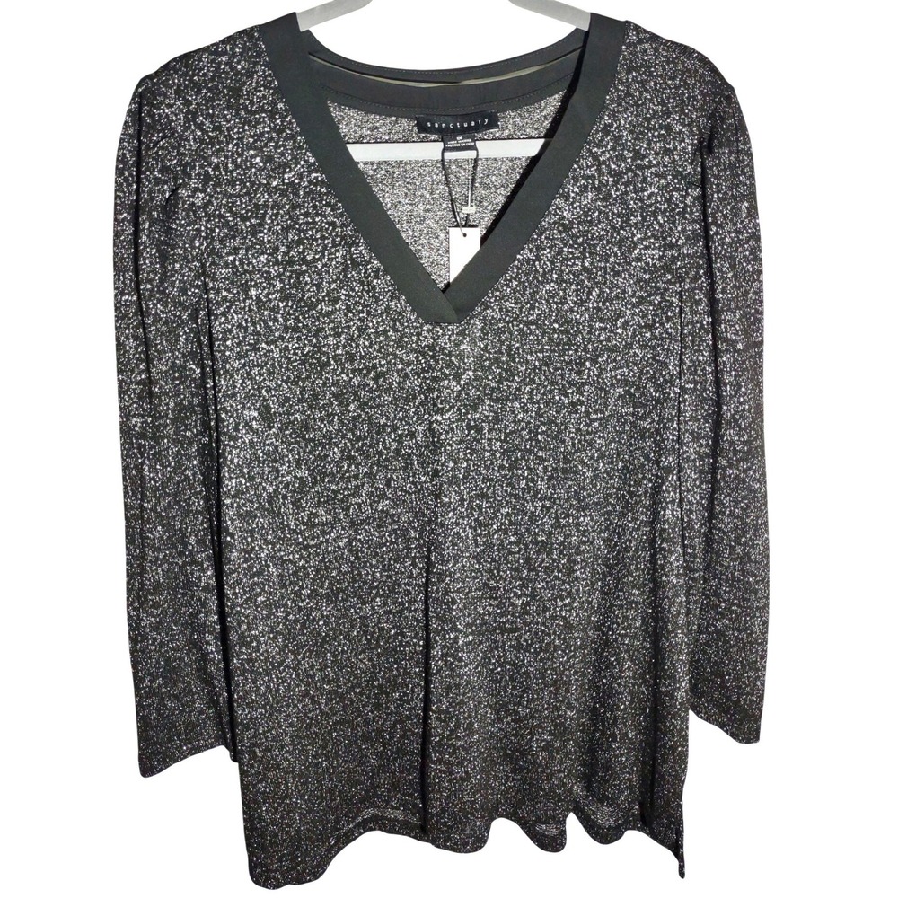 Sanctuary Womens 1X Long Sleeve V Neck‎ Glitter Sparkle Knit Top Black Silver